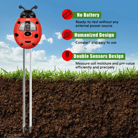 All in One Soil Moisture PH and Light Meter with features highlighted, over a cutaway view of soil and grass