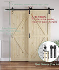 Double 36x84 Inch Solid Wood Panel Bypass Barn Door For 63x84 Opening With Sliding Hardware Kit Unfinished Surface Ready To Stain Heavy Duty Track System Smooth Quiet Sliding Easy Assembly installed view