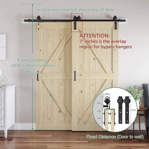 Double 36x84 Inch Solid Wood Panel Bypass Barn Door For 63x84 Opening With Sliding Hardware Kit Unfinished Surface Ready To Stain Heavy Duty Track System Smooth Quiet Sliding Easy Assembly installed view