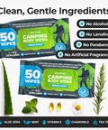 XL Camping Body Wipes No Rinse For Outdoors, Full Body Cleaning Wipes with aloe, 100 count, shown with natural ingredients icons