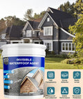 Clear Waterproof Sealant 5 Gallon Transparent Coating For Indoor And Outdoor Use in front of a house exterior with icons