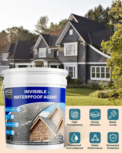 Clear Waterproof Sealant 5 Gallon Transparent Coating For Indoor And Outdoor Use in front of a house exterior with icons