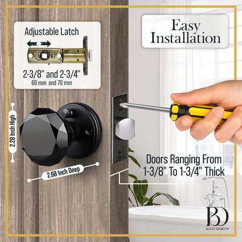 Black Crystal Door Knob With Lock Set For Interior Privacy Glass Vintage Style Hardware installation details and dimensions