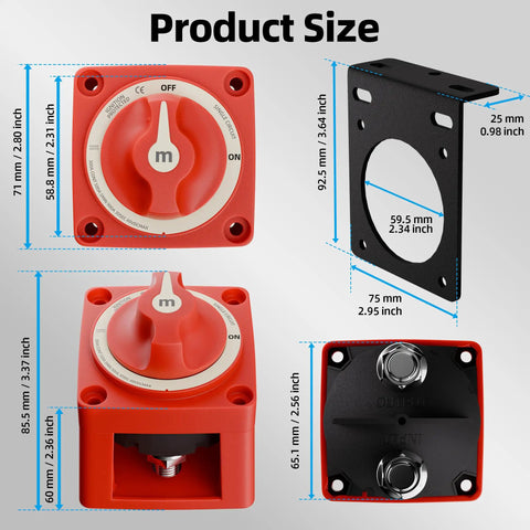 Heavy Duty 12 to 48V Battery Disconnect Switch With Mounting Bracket Waterproof Marine Isolator 300A Continuous 900A Cranking Surface Or Flush Mount Ideal For Boat RV Truck Car Solar Systems dimensions