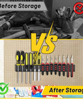 Heavy Duty Screwdriver And Pliers Organizer Wall Mount Rack For Garage Workshop Pros Metal Tool Holder Storage Rack Space Saving Vertical Organizer For Tool Chest And Cart Rust Resistant Steel installed on wall with tools organized