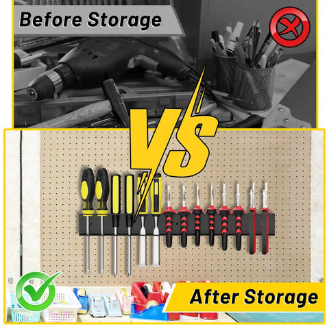 Heavy Duty Screwdriver And Pliers Organizer Wall Mount Rack For Garage Workshop Pros Metal Tool Holder Storage Rack Space Saving Vertical Organizer For Tool Chest And Cart Rust Resistant Steel installed on wall with tools organized