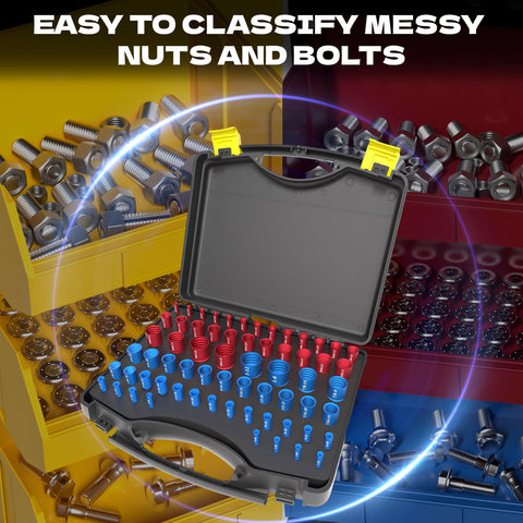64 Piece Thread Gauge Set For Nuts And Bolts Standard And Metric Sizes With Detachable Size Identifier next to bolt bins