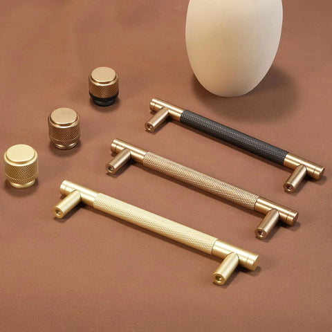 10 Pack 5 Inch Brushed Gold Knurled Cabinet Pulls For Kitchen Cabinets Drawers And Doors Durable Hardware display on brown surface