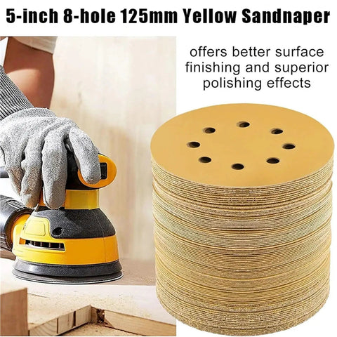 5 Inch Yellow Sanding Discs With Hook And Loop Velcro Backing Set Of 50 Pieces Premium Aluminum Oxide for woodworking
