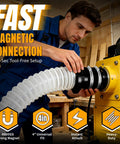 Rock Solid 4 Inch Magnetic Dust Collection Quick Connect Kit With Insane 4000Gs Neodymium Grip And Butter Smooth One Second Quick Release For Busy Woodworking Shops in use by a man connecting a hose.