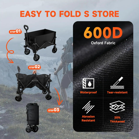 Collapsible Folding Wagon With Dual Cup Holders, Heavy Duty Utility Cart For Camping, Shopping, And Sports, Sturdy Steel Frame