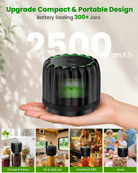 Hand holding Mason Jar Vacuum Sealer Kit Cordless Auto Stop With 10 Lids, compact design with 2500 mAh battery