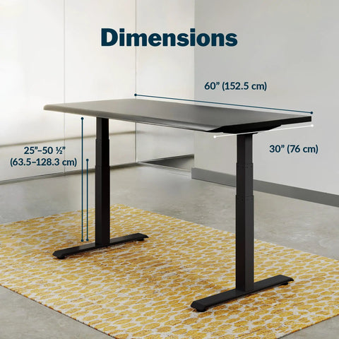 Vari ComfortEdge Electric Standing Desk 60X30 Black with dimensions 60x30 inches and adjustable height from 25 to 50.5 inches.
