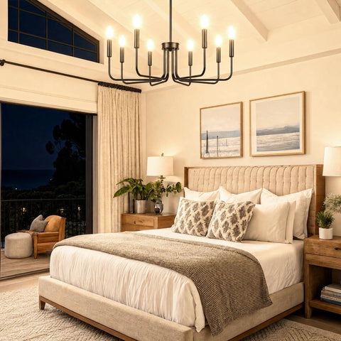 Killer 8 Light Black Chandelier With Dang Sharp Matte Finish For Farmhouse Dining Room And Kitchen Island Sleek Hanging Ceiling Lamp Featuring Adjustable Height and Wide Circular Frame above a cozy bedroom setting.