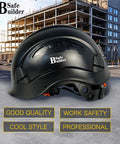 Heavy Duty Abs Safety Helmet With Built In Visor And Quick Air Vent Osha Certified For Actual Job Sites Giving Rock Solid Head Protection In Classic Black Finish side view on construction site.