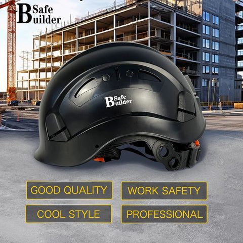 Heavy Duty Abs Safety Helmet With Built In Visor And Quick Air Vent Osha Certified For Actual Job Sites Giving Rock Solid Head Protection In Classic Black Finish side view on construction site.