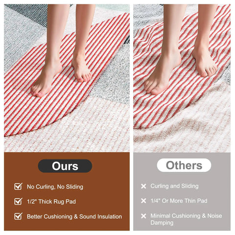 Comparison showing Half Inch Thick Non Slip Rug Pad For 9 By 12 Ft Rugs with cushioned grip and curling in others.