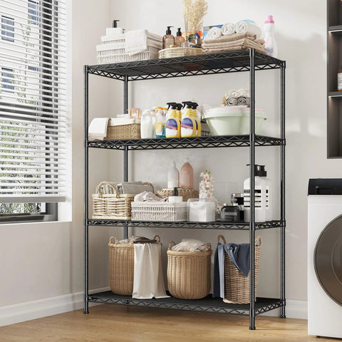 Beefy Heavy Duty 4 Tier Storage Rack With Adjustable Shelves In Black Strong Steel Garage Shelving Unit Holds Up To 620 Lbs Total Perfect For Home Workshop Or Commercial Storage, black 4-tier steel shelf for laundry room
