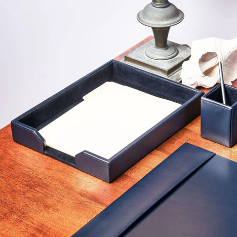 Navy Blue Bonded Leather Letter Tray And Paper Organizer For Desk placed on wooden office desk with paper inside