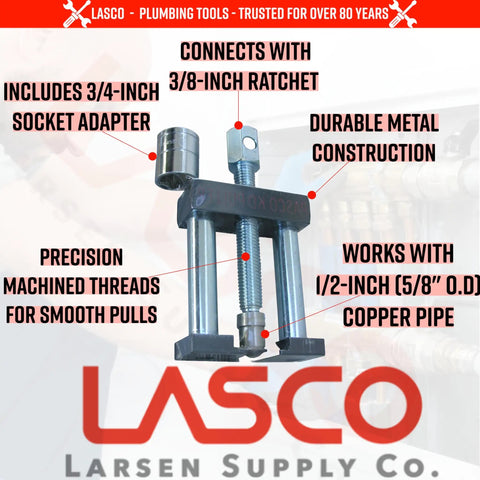 Compression Sleeve Puller Tool For One Half Inch Copper Pipe, Five Eighth OD tool with metal construction and socket adapter