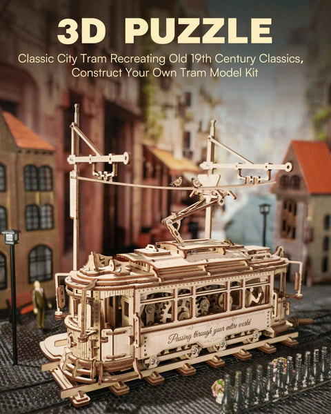 3D Wooden Puzzle Kit for Adults, Mechanical Tram Model 1:24 Scale, Car Model Replica, Intricate Gear System, Build Time About 5 Hours, Wood Building Craft, Unique Gift for Puzzle Fans and Hobbyists on city street display