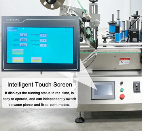 Heavy Duty Automatic Desktop Labeling Machine With Slick Touchscreen Interface displaying settings for bottle labeling.