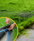 Beefy Galvanized Landscape Staples 4 Inch 12 Gauge Heavy Duty Garden Stakes securing landscape fabric in grass