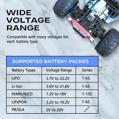 Wide voltage range chart for Fast Balance RC Battery Charger 80W 6A Beefy Smart Digital Discharger 1S To 6S LiPo Life Liion NiMH NiCD Pb
