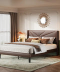 Rock Solid Heavy Duty Queen Platform Bed Frame With Tufted Wingback Headboard in dark brown with plush bedding and decorative pillows.