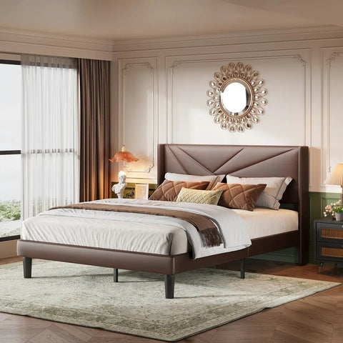 Rock Solid Heavy Duty Queen Platform Bed Frame With Tufted Wingback Headboard in dark brown with plush bedding and decorative pillows.