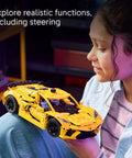 Child admiring Chevrolet Corvette Stingray Muscle Car Building Kit For Kids And Up Teens A Display Ready Model Car Toy Set