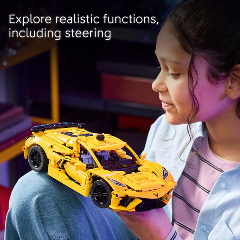 Child admiring Chevrolet Corvette Stingray Muscle Car Building Kit For Kids And Up Teens A Display Ready Model Car Toy Set