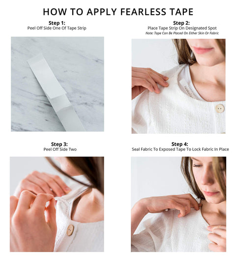 Instructions for using Double Sided Clothing Tape For All Day Hold Keeps Dresses Tops And Blouses In Place Clear Skin Safe Dress Tape