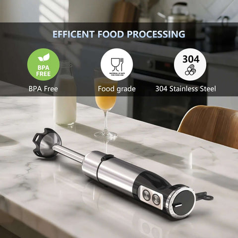 Straight Outta Box Kitchen Essential This 800W 5 In 1 Handheld Blender on marble countertop, showcasing 304 stainless steel design.