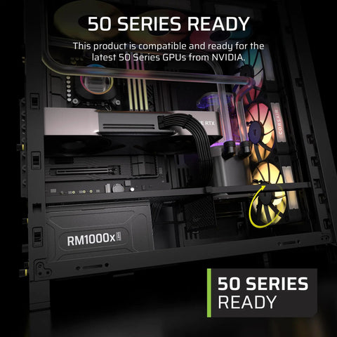 Computer case with RM1000x Shift 2025 Fully Modular ATX Power Supply installed, showcasing cable management and 50 Series GPU compatibility.