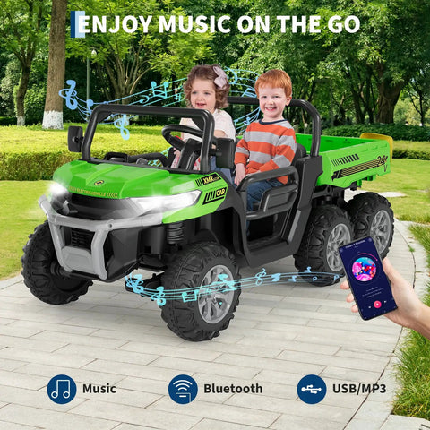 Children in 24V Dual Motor 2 Seater Ride On Dump Truck For Big Kids, 5 MPH Electric Kids Truck With Auto Lifting Bed and Remote Control