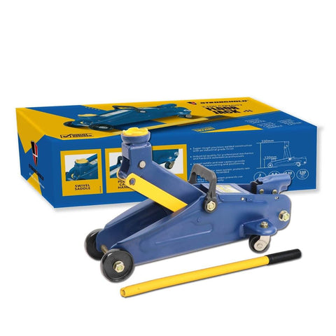 Beefy 2 Ton Trolley Jack For Cars And SUVs, Heavy Duty Hydraulic Floor Jack With Safety Valve, Lift From Five And One Eighth Inches To Twelve And Three Quarters Inches, Solid Steel Construction, Meets ASME PASE Standards.