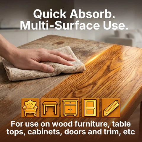 Person applying Native Bee Wax Wood Polish And Conditioner Blended With Bright Orange Oil on wooden surface for shine.