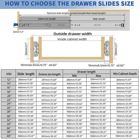 Size chart and installation guide for 260 Lbs Heavy Duty Locking Drawer Slides Full Extension Ball Bearing Rails With Lock Side Mount Built To Last For Industrial Tool Boxes 22 Inch Pair Includes M5 Screws