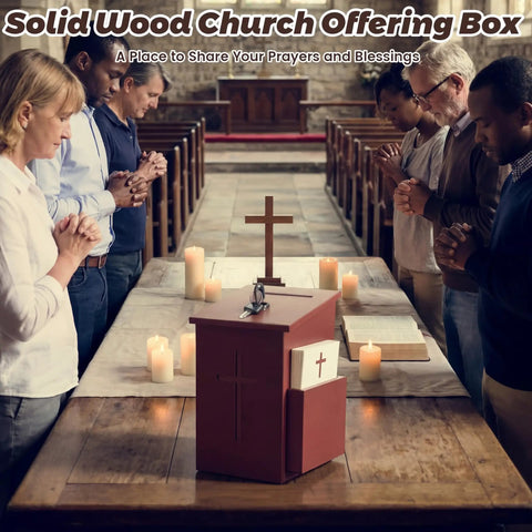 Built Tough Wooden Donation Box Keeps Church Offerings And Prayer Notes Totally Secure With Dual Keys And Smooth Hinged Lid Featuring Dark Mahogany Finish.