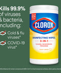 Container of Clorox Disinfecting Wipes, Crisp Lemon scent, kills 99.9% of viruses & bacteria, including COVID-19 and cold/flu virus.