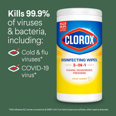 Clorox Disinfecting Wipes 3-in-1 Crisp Lemon Kills 99.9% Cold Flu COVID-19 Viruses Bottle, front view
