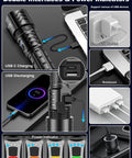 Rechargeable Beast Mode Flashlight With Ultra Bright 100000 Lumens showing USB C charging and power indicators