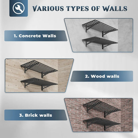 Heavy-Duty 2 Pack Wall Mounted Garage Shelves With 8 Hooks, 2x4 Ft Each, 500 Lb Total Capacity, Steel Storage Racks For Tool Organization, Garage, Workshop, Home Workspace, And All Your Gear on concrete, wood, and brick walls