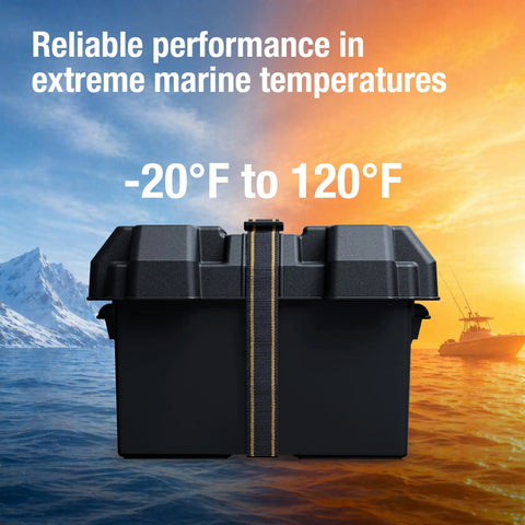 Rock Solid Battery Storage Box With Heavy Duty Mounting Strap Built Tough As Nails For Marine And Rv Use Fits Group 27 Batteries Inside Acid Resistant Polypropylene Shell Black against a marine backdrop.