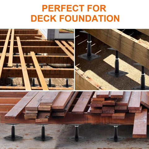 Two Pack Heavy Duty Adjustable Floor Support Jack For Deck Foundations And RV Steps Mini Screw Jack Post Four To Seven Inches Galvanized Steel Rust Resistant DIY Home Improvement Stabilizers For Furniture And Floors installed under deck foundation.