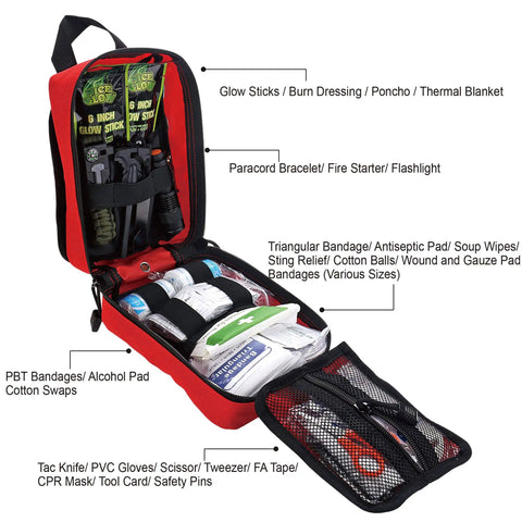 Open 250 Piece Survival First Aid Kit with IFAK EMT MOLLE Pouch in red showing organized medical supplies and tools inside.
