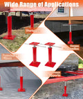 Four red adjustable floor jacks with square bases for crawlspace leveling, 11–16 in height, 11023 lbs max load.