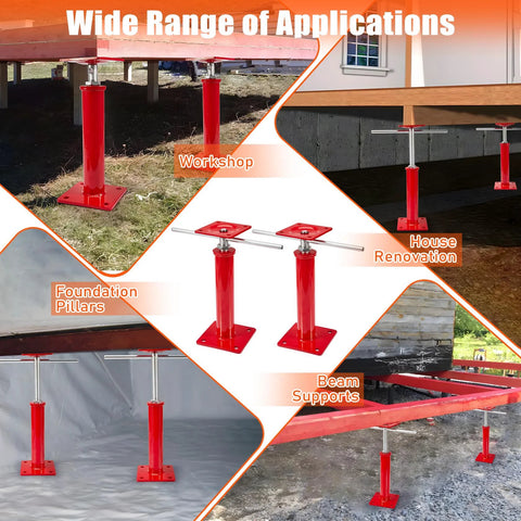 Four red adjustable floor jacks with square bases for crawlspace leveling, 11–16 in height, 11023 lbs max load.