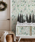 Room decorated with Peel And Stick Floral Wallpaper Vinyl Roll Easy Install 17.3 Inch Wide By 393.7 Inch Long Covers 47.4 Sq Ft For Kitchen Cabinets And Furniture Vintage Flower Pattern DIY Friendly Renter Approved, featuring vintage flower design with small trees and house ornaments.